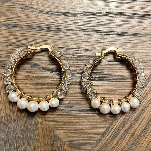 GOLD Plated Pearl And Crystal Hoops - Picture 1 of 4